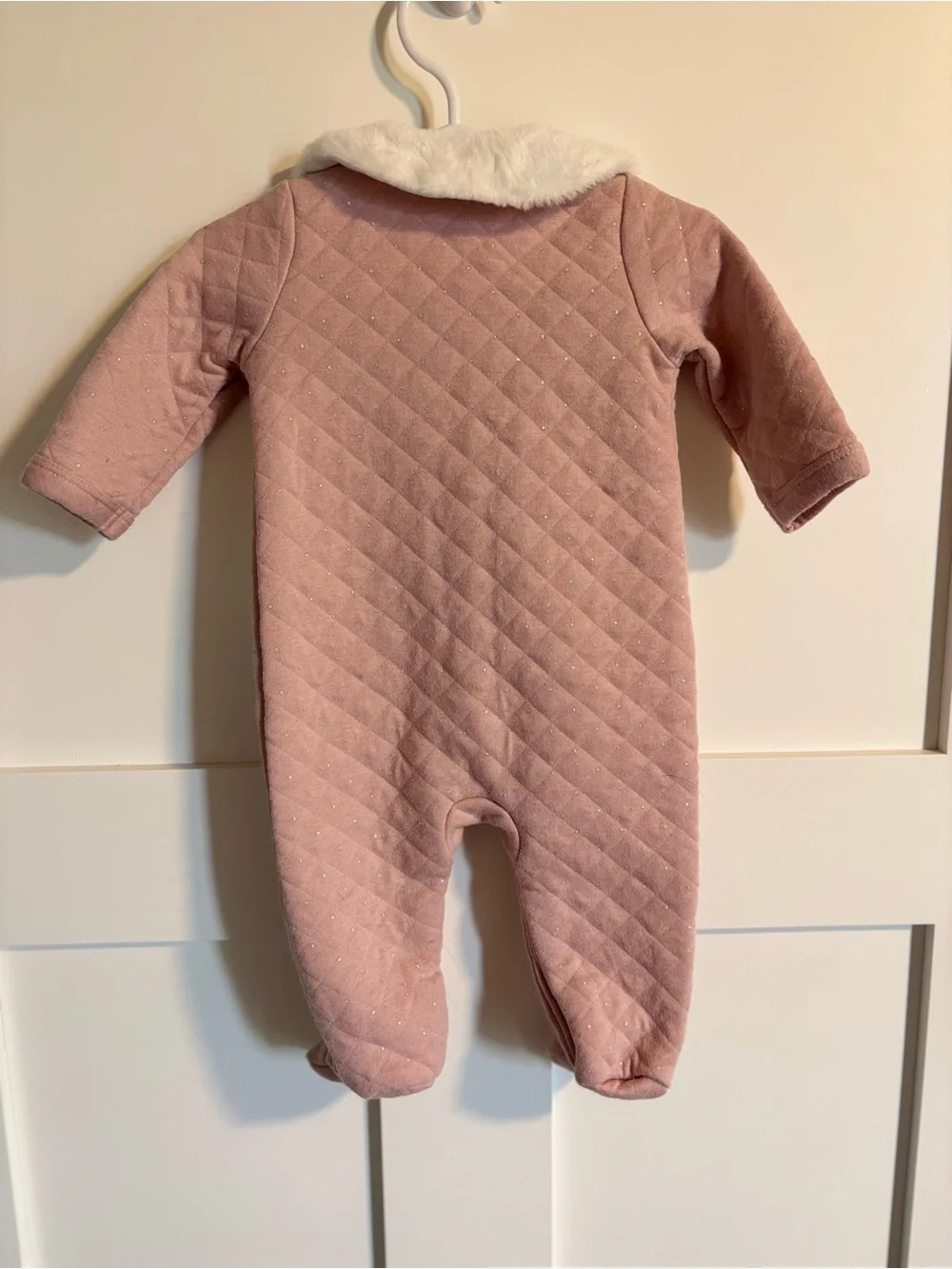 Knit Quilted Faux-Fur Trim Pink Baby One-Piece